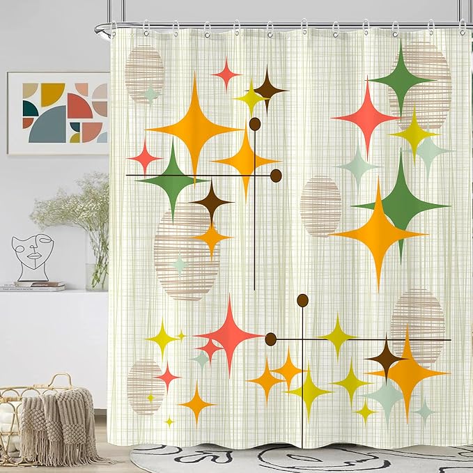 84 Inch Extra Long Mid Century Modern Shower Curtain Retro Stars Shower Curtains for Bathroom Abstract Vintage Boho Art Waterproof Fabric Bath Curtain Decor (Yellow1, 72'' x 84'')