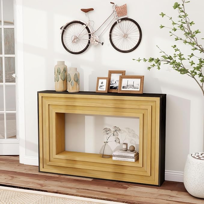 Wood Console Table, 47.24" Retro Long Boho Sofa Table Behind Couch with Layered Wood Frame and Black Top, Wooden Narrow Sofa Table Hall Table for Living Room Foyer Entrance Entryway, Natural