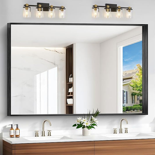 Black Bathroom Mirror, 42x42 Inch Rectangular Framed Mirror, Large Wall Mounted Bathroom Vanity Mirror Over Sink for Bedroom,Restroom, Living Room, Hangs Vertically or Horizontally