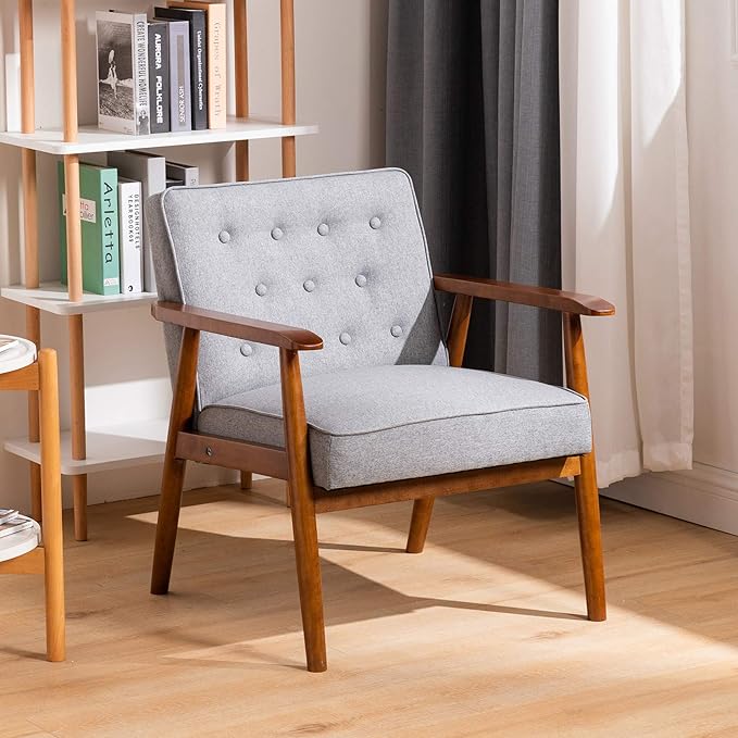 UNICOO® Mid-Century Retro Modern Accent Chairs, Solid Wood Armrest Lounge, Upholstered Mid Century Modern Chair, Walnut Finish with Innerspring Seat Cushion, Linen-Look Fabric (U205-1-GY)