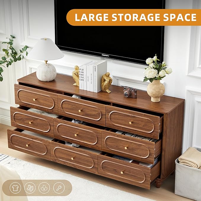 ORRD 9 Drawer Fluted Dresser for Bedroom, Mid Century Modern Chest of Drawers, Wood Storage Small Dresser Organizer for Bedroom Living Room Hallway Closet, Walnut