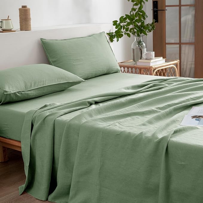 EVERLY Linen Sheets Set California King Size,100% French Stonewash Linen Sheets Set,4Pieces (1Flat Sheet,1Fitted Sheet,2Pillowcase) Suitable for Hot Sleepers Deep Pocket Natural Bedding Set-Saga Green