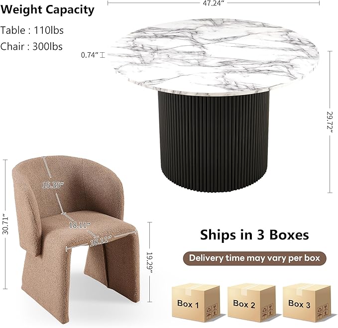 NORDICANA 3-Piece Round Dining Table Set for 2, Modern 47-Inch Kitchen Table and Chair Set, Dining Set with Brown Upholstered Armchairs, Manufactured Wood Top with White Marble Effect Finish