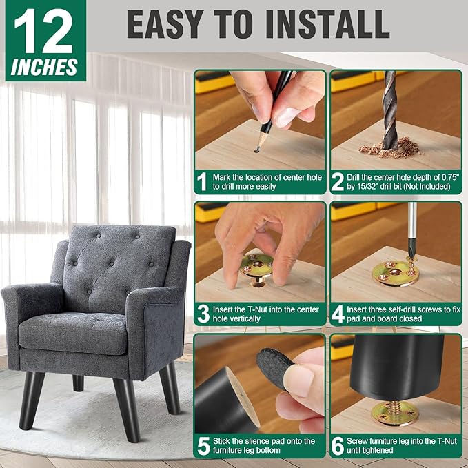 FoDau770 Black Rubber Wood Furniture Legs 12 Inches, 5/16" UNC Slant Tapered Wood Feet Mid Century Sofa Legs, Wooden Furniture Feet Replacement Parts for Cabinet Couch Dresser Chair Ottoman Table