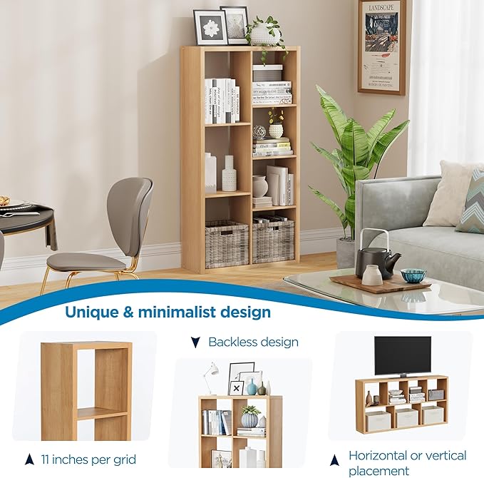 7 Cube Storage Organizer, Cube Shelf with Heavy-Duty Thick Boards, 25.12" L x 9.37" W x 48.74" H, Smooth Easy-Clean Panels, Simple Assembly, for Living Room Bedroom Office, Natural-Oak