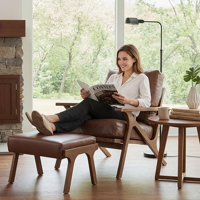 Mid Century Modern Accent Chair with Ottoman, Farmhouse PU Upholstered Living Room Armchair and Ottoman Set, 23" Seat Wide Retro Leisure Lounge Chair with Wood Frame for Home, Bedroom, Office, Brown