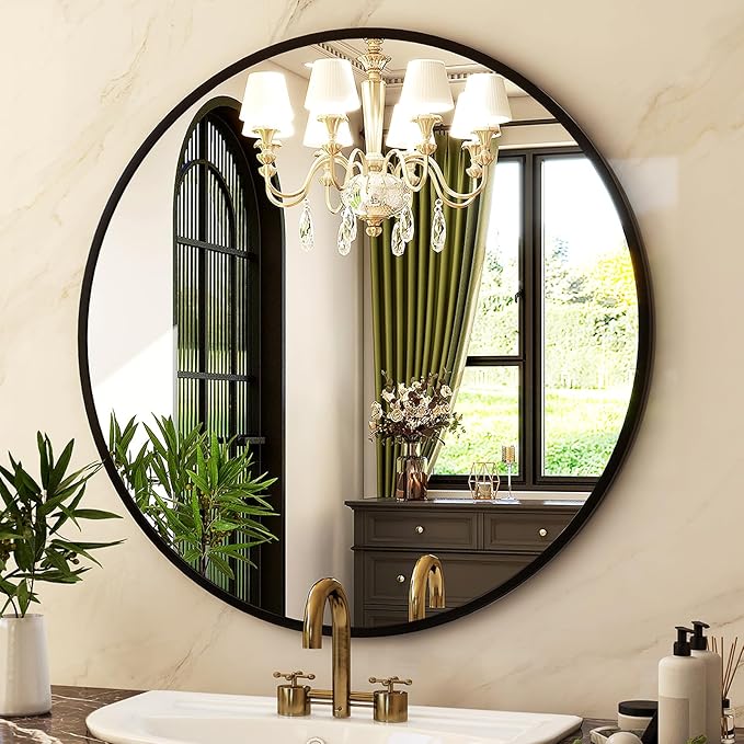 HARRITPURE Round Mirror 24 Black Wall Mounted Circle Mirrors Vanity Mirror with Brushed Aluminum Alloy Frame Modern Decoration for Bathroom, Living Room, Vanity, Bedroom, Entryway