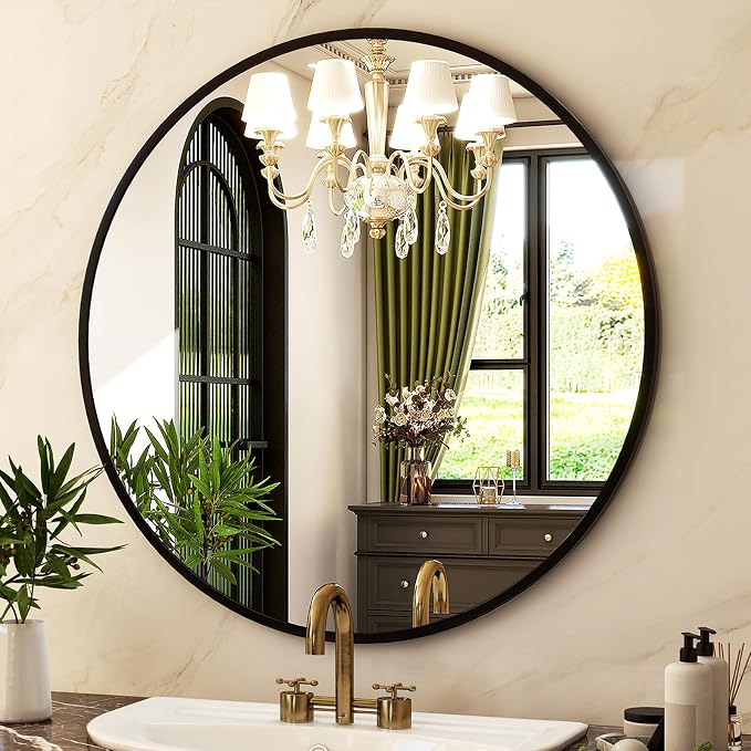 HARRITPURE Round Mirror 24 Black Wall Mounted Circle Mirrors Vanity Mirror with Brushed Aluminum Alloy Frame Modern Decoration for Bathroom, Living Room, Vanity, Bedroom, Entryway
