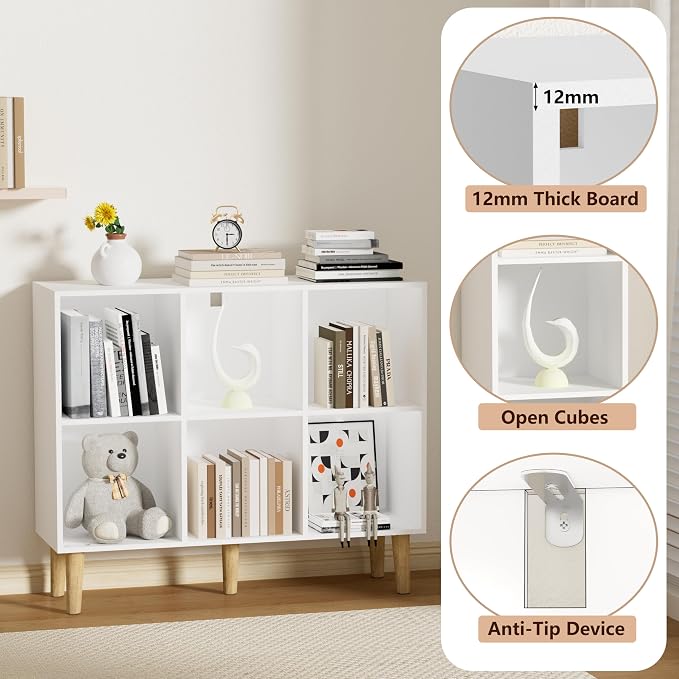 6 Cube Bookcase, Wooden Book Shelf Cube Storage Organizer with Legs, 2 Tier Bookshelf Freestanding Open Shelves for Home Office, Living Room, Bed Room (White, 6 Cube Horizontal)