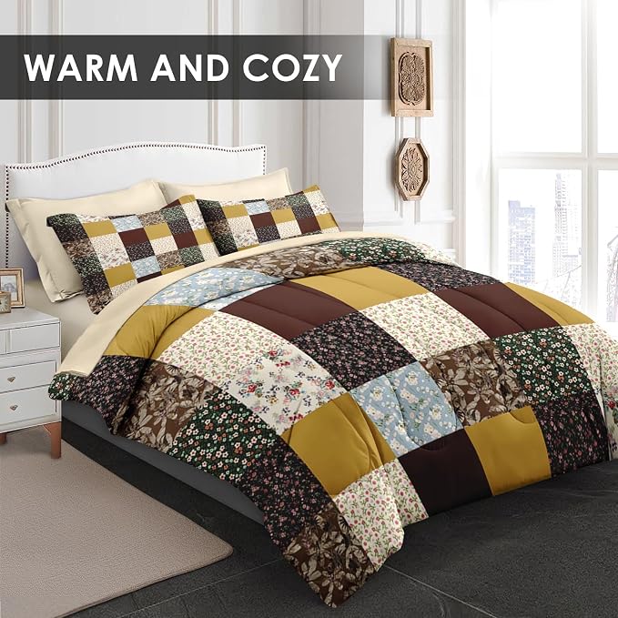 WeCozy 7 Pcs Queen Size Comforter Set with 2 Pillowcases & 2 Shams, Vintage Boho Floral Bedding for Kids and Adults, Blossom Flower Patchwork Bed in a Bag with Flat Fitted Sheet