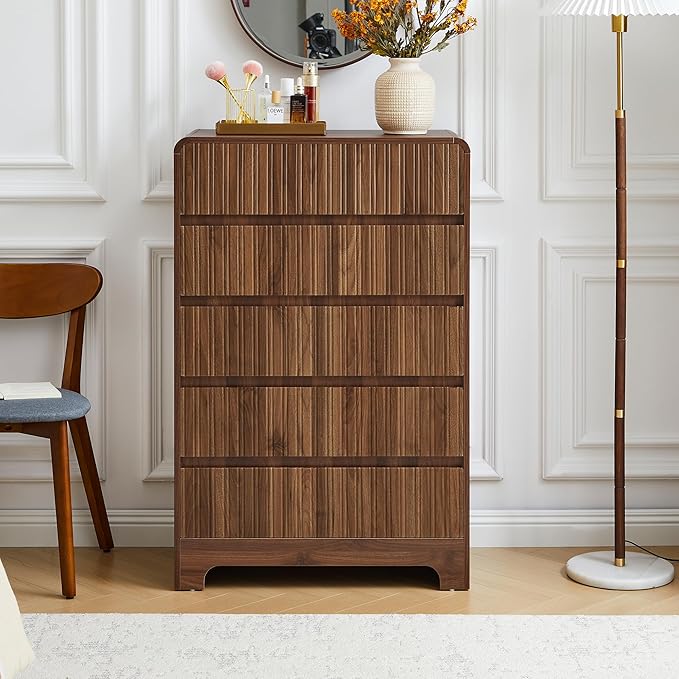 BERRYMERRY 5 Drawer Dresser for Bedroom,Flute 45" Tall Dresser with Curved Profile, Mid Century Modern Vertical Wood Drawer Organizer for Bedroom Living Room