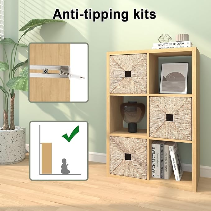 CTESNE【2026 Wooden Thick Frame 6 Cube Storage Organizer Shelf with Anti-Tipping Kits + Reversible Open Back Bookcase, Horizontal and Vertical Dual-use（Oak Color,11inch）