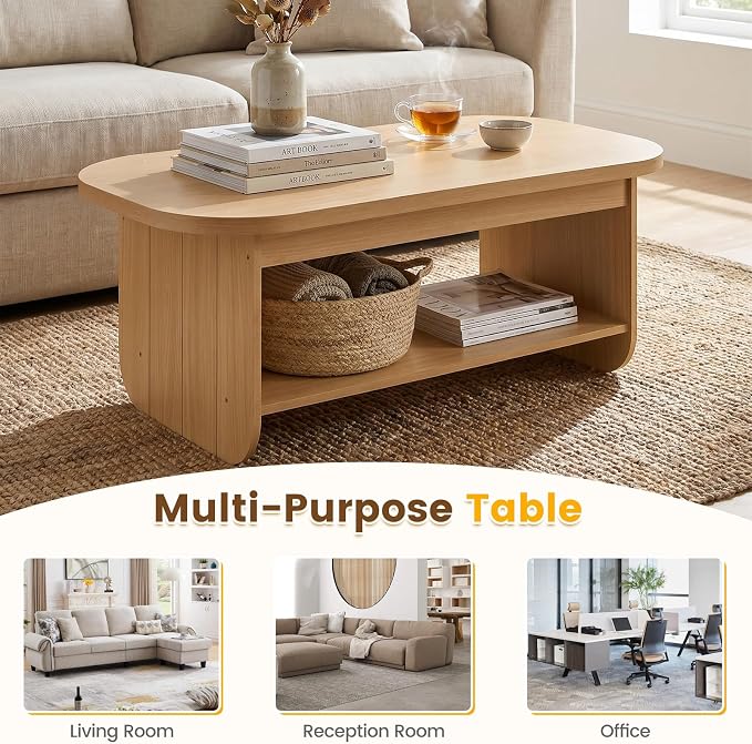 Giantex Oval Coffee Table, 47" Mid Century Modern Center Table with Storage Shelf & Round Corner, 2-Tier Accent Cocktail Tea Table, Wood Coffee Table for Living Room, Small Spaces (Natural)