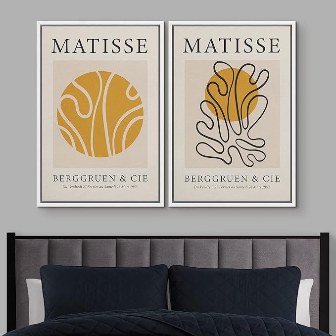 IDEA4WALL Framed Canvas Print Wall Art Set Matisse Yellow Geometric Wave Floral Collage Abstract Shapes Illustrations Modern Art Decorative for Living Room, Bedroom, Office - 24"x36"x2 White