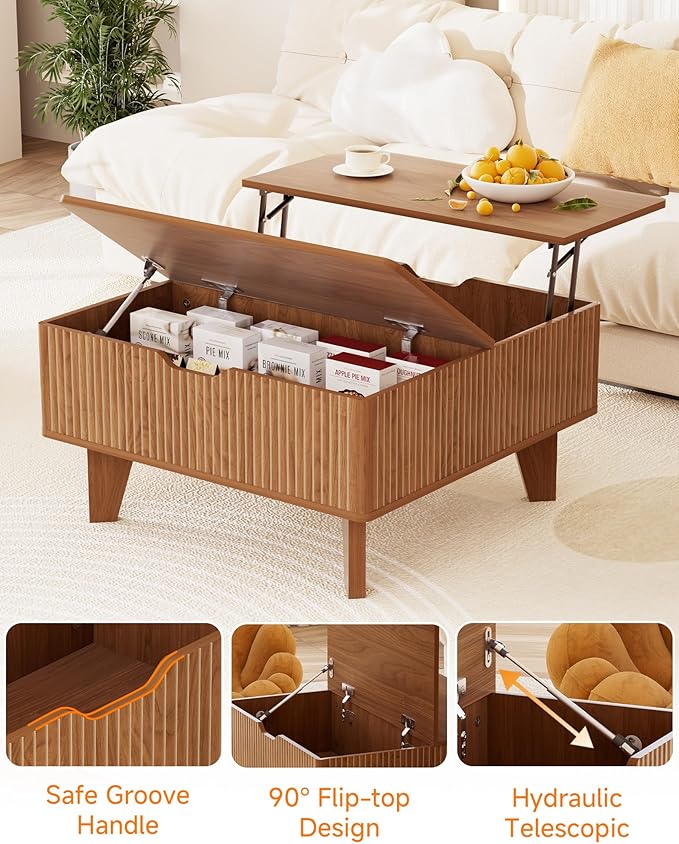 29.7" Lift Top Coffee Table with Storage, Square Wood Fluted Coffee Table for Living Room, Mid Century Modern Center Table with Flip-Top Design for Small Space, Walnut