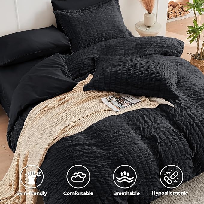 HYMOKEGE Black Twin Comforter Set Seersucker 5 Pieces, All Season Luxury Bed in a Bag for Bedroom, Bedding Set with Comforters, Sheets, Pillowcase & Sham