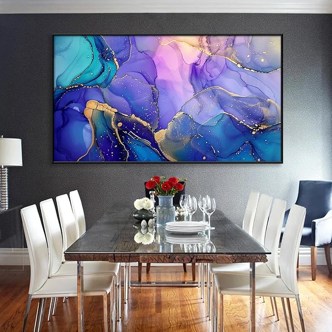 Abstract Marble Canvas Wall Art, Alcohol Ink Wall Art, Purple Canvas Wall Art, Blue Purple Marble Painting, Abstract Wall Art, Purple and Gold Wall Decor, Canvas Wall Art for Living Room (Gold Metal Frame, 30"x17" | 76x43cm)