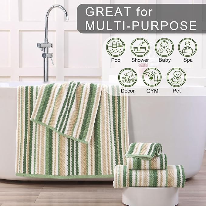 Green Striped Towels - 100% Cotton, Quick Dry, Soft & Absorbent, 6PC Luxury Towels Set (2 Bath 28"x52", 2 Hand 16"x27", 2 Wash Cloth 13"x13"), Stripe Shower Towel with Hanging Loop, Sage and Beige