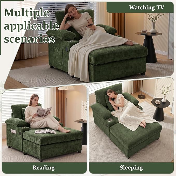 Oversized Chaise Lounge Chair with Ottoman and Cup Holders, Modern Sleeper Sofa with USB Charging Ports for Living Room and Bedroom, Convertible Small Sofa (Green)