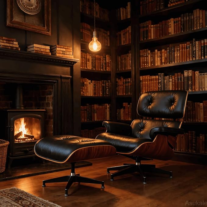 Top Black Grain Leather, Mid Century Chaise Lounge Chair and Ottoman, Accent Chair, Modern Chair, Classic Design, Heavy Duty Base Support for Living Room Lounge Office, Palisander, Heightening
