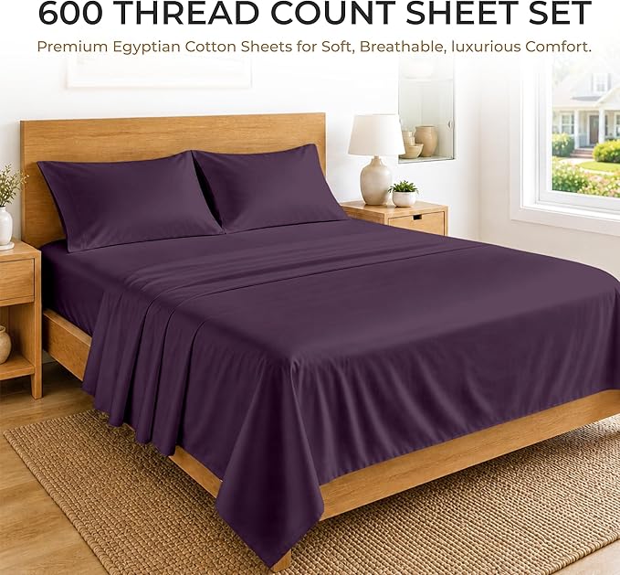 SGI bedding RV Short Queen Sheet Set 60x75, 600 TC Egyptian Cotton, 4 Piece Luxury Hotel Collection, Ultra Soft & Breathable, Fits RV Mattress Camper & Trailer, 15 Inch Pocket, Plum