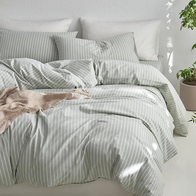 MooMee Striped Duvet Cover Set 100% Washed Cotton Linen Like Textured Breathable Durable Soft Comfy (Sage Green White Wide Stripes, Oversized King Plus 128"x120")