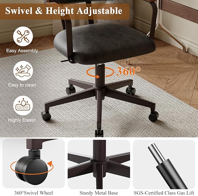 Mid-Century Modern Desk Chair with Walnut Bentwood Design,Retro Home Office Chair with Adjustable Height,360°Swivel,Smooth Rolling Casters,Small Computer Chair PU Leather (Black)