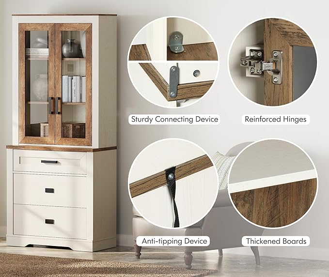 WAMPAT 73.3" Tall Bookcase with Glass Door, 31.5" Wide Rustic Wood Bookshelves with Chest of Drawers, Modern Farmhouse Display Storage Cabinet with Adjustable Shelves for Home,Office,White&Oak