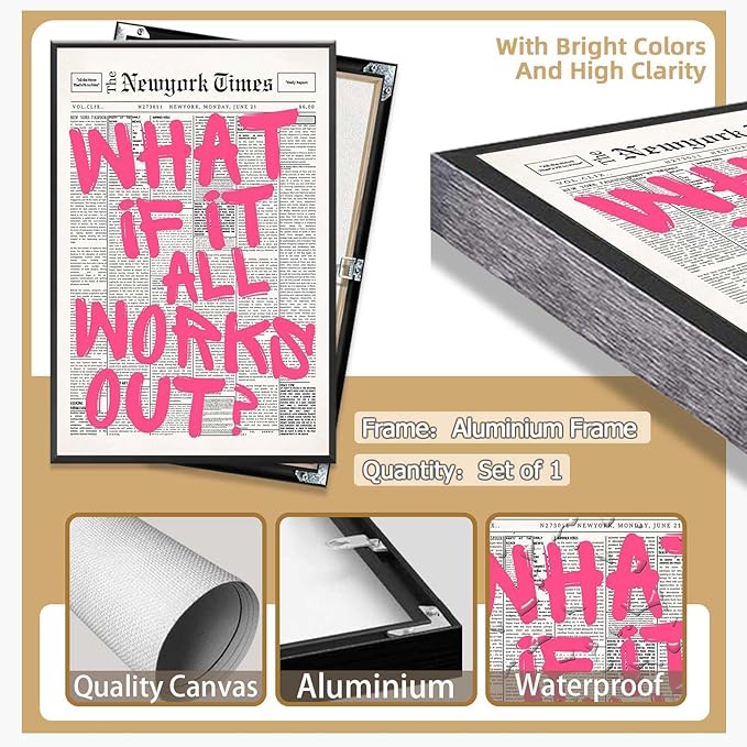 Drimiler Retro Newspaper Pink Font Poster What If It All Works Out Canvas Wall Art Positive Affirming Quote Minimalist Prints Painting For Home Bedroom Dorm Wall Decor 24x36in Framed