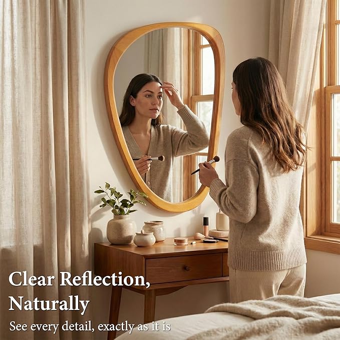 Irregular Asymmetrical Wall Mirror 30"×20" with Solid Wood Frame, Organic Mid-Century Modern Decorative Wall Mirror for Bedroom, Bathroom & Entryway