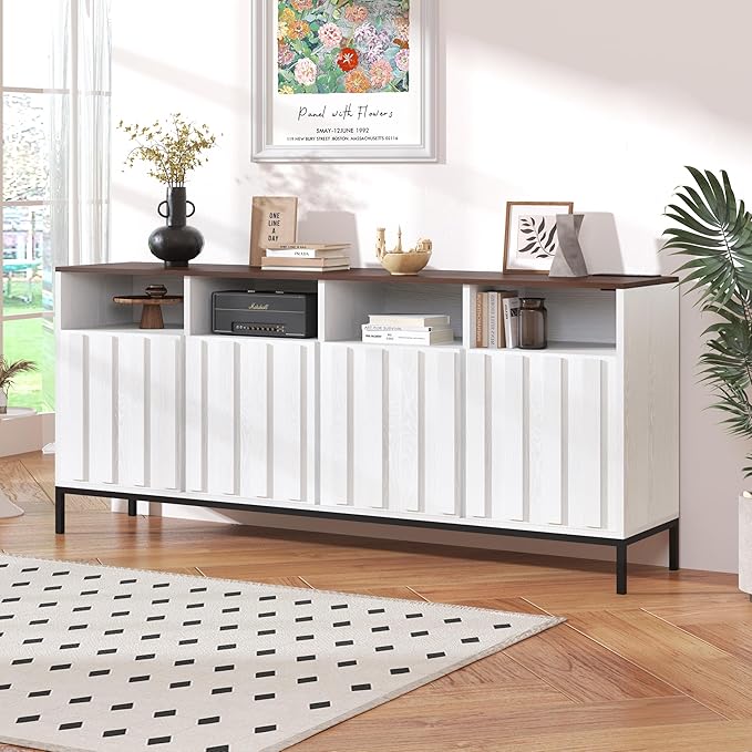 COCO DESIGN 70" Buffet Sideboard Cabinet with Fluted Panel Doors, Large Credenza Console with Power Outlet & Adjustable Shelves, Modern Storage Cabinet for Kitchen & Living Room, White