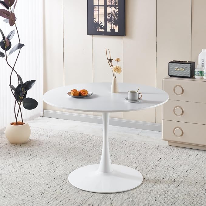 KEIKI 42.1" Round Dining Table, Mid Century Modern Bistro Table with Thickened MDF Tabletop & Metal Pedestal, for 4-6 People, Small Places, Cafe, Kitchen, Living Room, White
