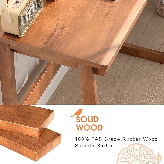Solid Wooden Desk with Drawers - 39 x 18 Inch Narrow Desks for Small Spaces, Rubber Wood Study Table, Vintage Writing Desk with Drawers, Small Desks for Bedroom & Home - Walnut Color