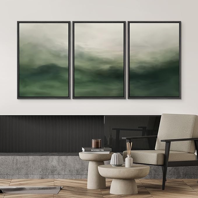 SIGNWIN Framed Canvas Print Wall Art Set Abstract Green Misty Landscape Illustrations Modern Art Decorative Boho Relax/Zen Nordic for Living Room, Bedroom, Office - 16"x24"x3 Black