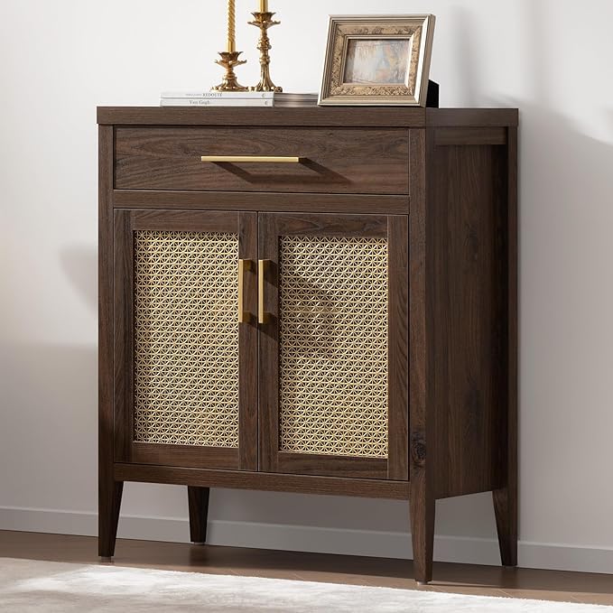 SICOTAS 30" Kitchen Sideboard Buffet Cabinet with Storage, Modern Coffee Bar Cabinet with Adjustable Shelves & Gold Mesh Doors, Storage Cabinet with Drawer for Living Room Dining Room, Espresso Walnut