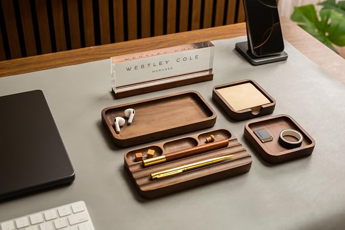 MUUJEE Wooden Desk Organization 5 Piece Set with Name Block - Personalized Acrylic Name Plaque with Wood Base and Desk Accessories Work Professional Office Gift Teacher Dad Organizer