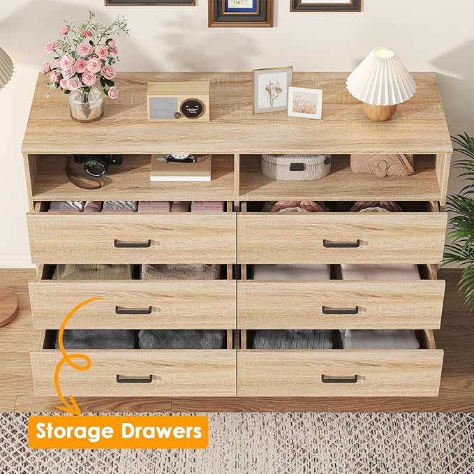 Bigbiglife 6 Drawers Dresser for Bedroom Wooden Drawer with Open Storage Cubby, Double Wide Dresser Organizer for Bedroom, Living Room, Entryway, Hallway (Light Oak)