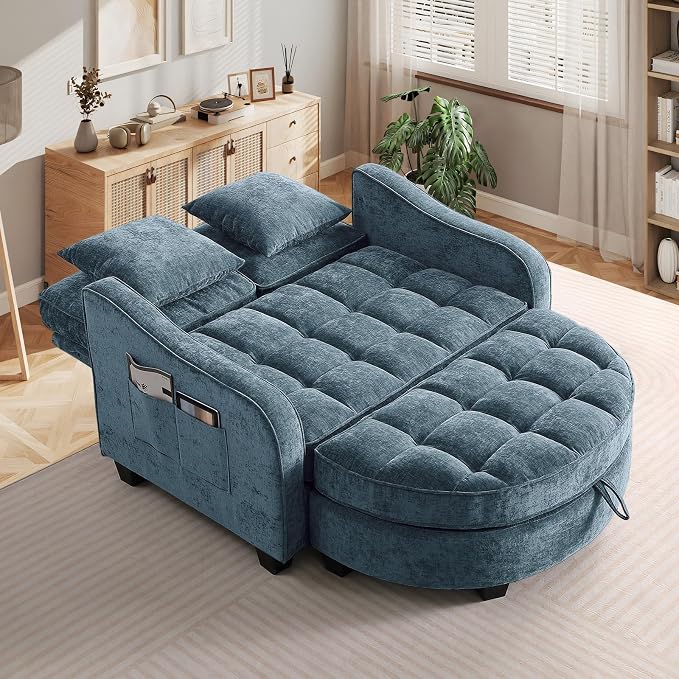 Oversized Chaise Lounge Chair Indoor with Ottoman, Chenille Tufted Comfy Loveseat Sofa Chair with Adjustable Backrest, Fluffy Recliner Sofa, Convertible Sleeper Couch Bed for Living Room(51"W, Blue)