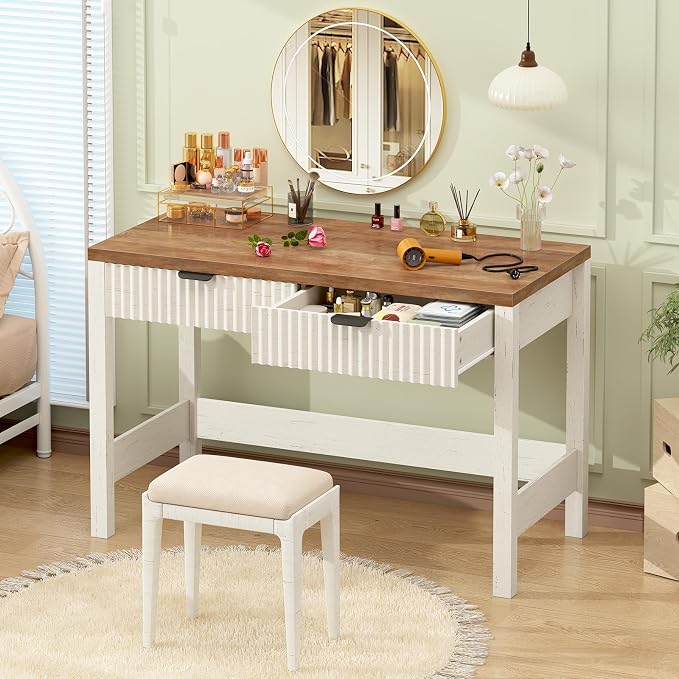 YOMILUVE Fluted Computer Desk with 2 Drawers, 39 Inch Small Computer Desk with Storage, Compact Writing Study Vanity Desk for Small Spaces, Antique White