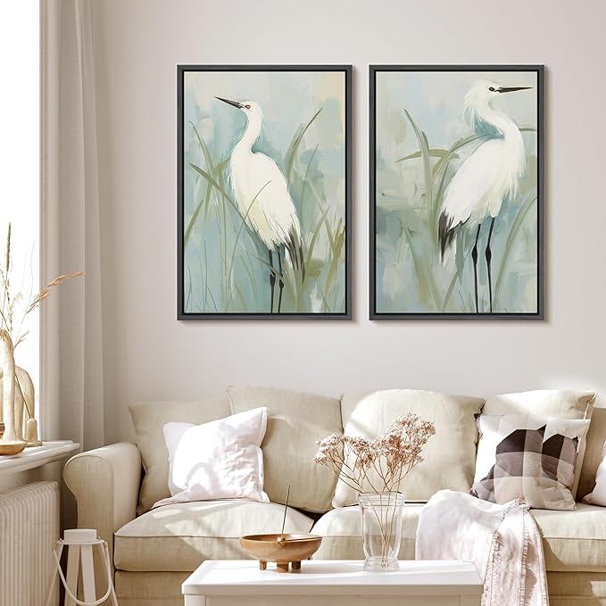MUDECOR Framed Canvas Print Wall Art White Heron Pair in Marsh Coastal Illustrations Modern Art Decorative Bohemian Colorful for Living Room, Bedroom, Office - 24"x36"x2 Black