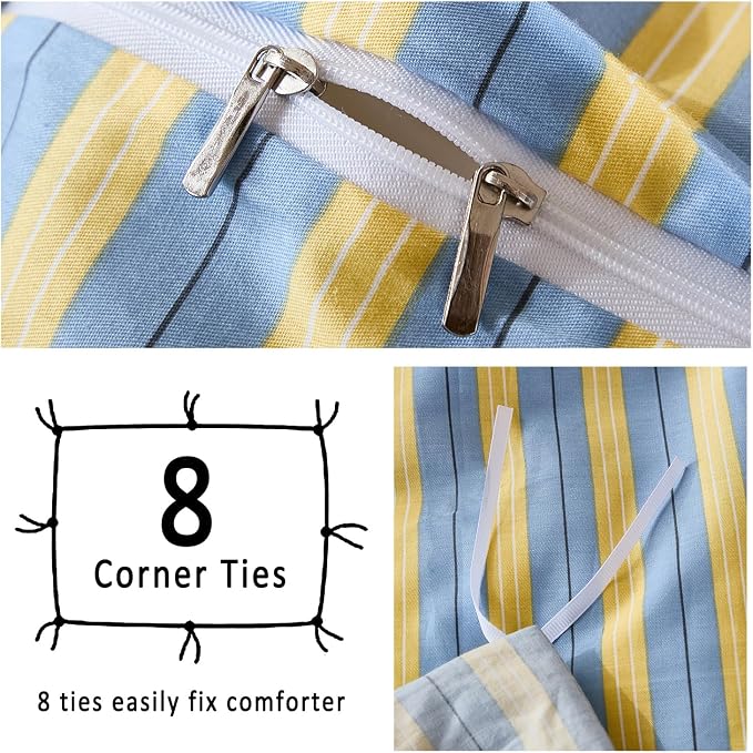 Merryword 100% Cotton Duvet Cover Set King Size, Blue & Yellow Striped Bedding Set with Zipper Closure and 8 Corner Ties, Modern Coastal Style Comforter Cover Set 3 Pieces