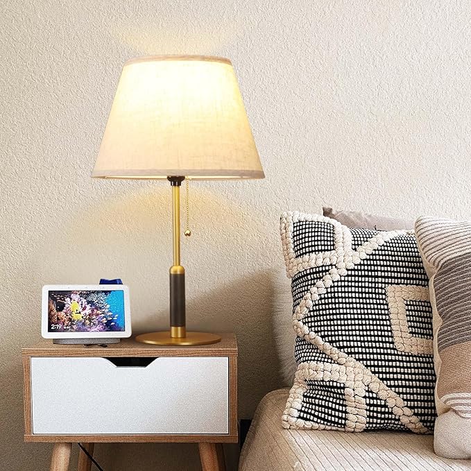 21" Set 2 Modern Bedside Lamp Mid Century Table Lamp, Pull Chain Nightstand Lamp for Bedroom Living Room 3-Color Light, Solid Wood/Metal/Fabric for Home/Office/Desk Decor (Light Brown+Brass)