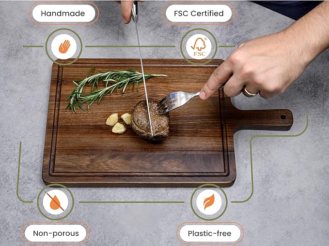 Premium American Dark Walnut Wood Cutting and Serving Board with Handle - Charcuterie Wooden Board - Durable, Stylish, and Versatile - Juice Groove - 16x9x0.8 in - Woodie Poppins
