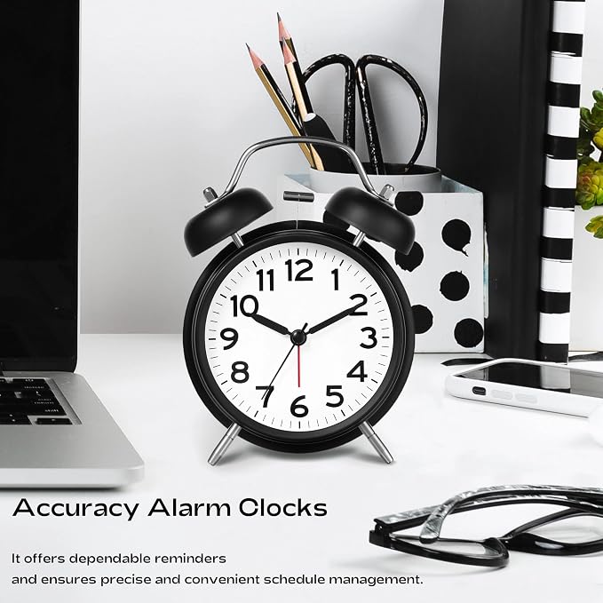 AKCISOT Loud Alarm Clock for Heavy Deep Sleepers, 4.5 Inches Analog Metal Twin Bell Clocks Battery Operated with Backlight for Bedroom Bseide, Old Fashioned for Desk Home Decoration (Black White)