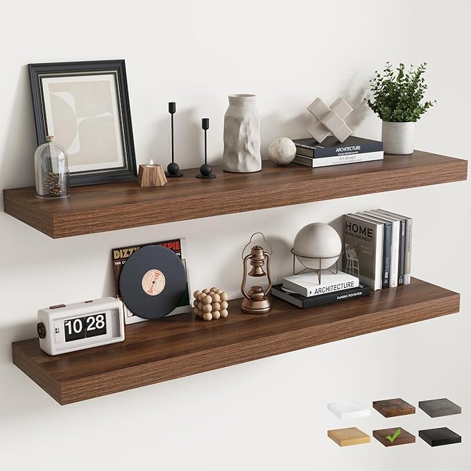 Floating Shelves for Wall with Invisible Brackets, Wall Mounted Engineered Wood Shelves with Wood Grain for Living Room, Bedroom, Bathroom, Kitchen Decor and Storage, Oak, 55"L Set of 2, Walnut
