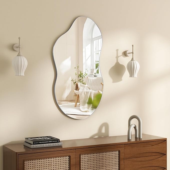 SHYFOY Decorative Wall Mirror Irregular, 36"x20" Silver Asymmetrical Mirror with Metal Frame for Wall Decor Bathroom Livi Curvy Abstract Wall Decor,