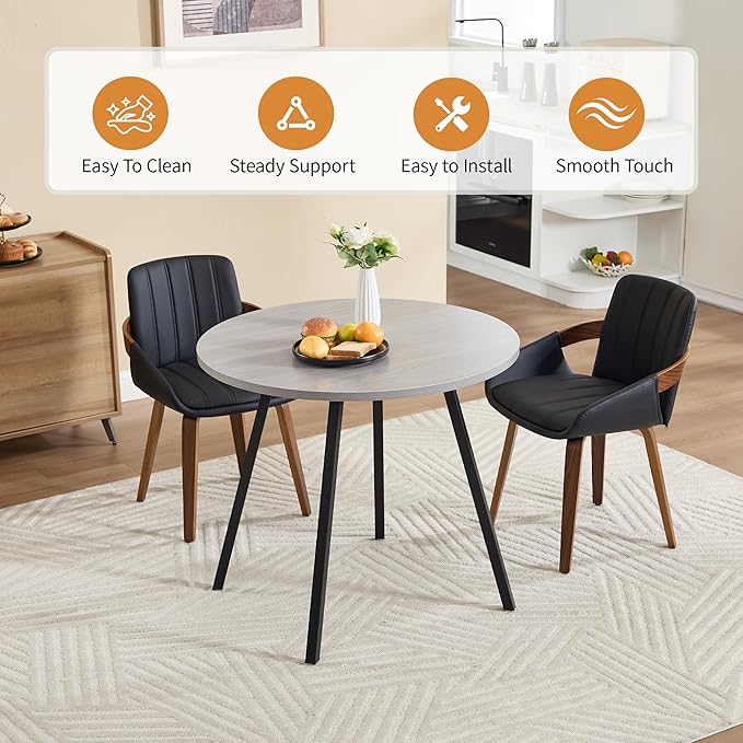 34.6" Round Dining Table for 2-4, Mid-Century Modern Small Kitchen Table with Woodgrain Top & Black Metal Legs, Space-Saving Table for Apartment, Breakfast Nook, Small Spaces - Light Gray