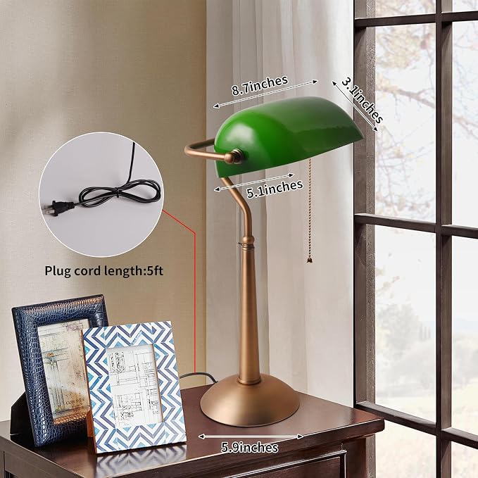 COSYLUX Tall Bankers Lamp, Vintage Sleek Green Glass Table Lamp with Pull Switch, Antique Bronze Metal Bankers Desk Lamp for Office, Study Room, End Table, Bedside (Green)