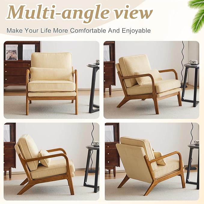 VINGLI Upgraded Premium Corduroy Accent Chairs Set of 2,Upholstered Arm Chair,Solid Wood Comfy Reading Chair with Lumbar Pillow, Mid Century Modern Chairs for Living Room,Bedroom,Dark Beige