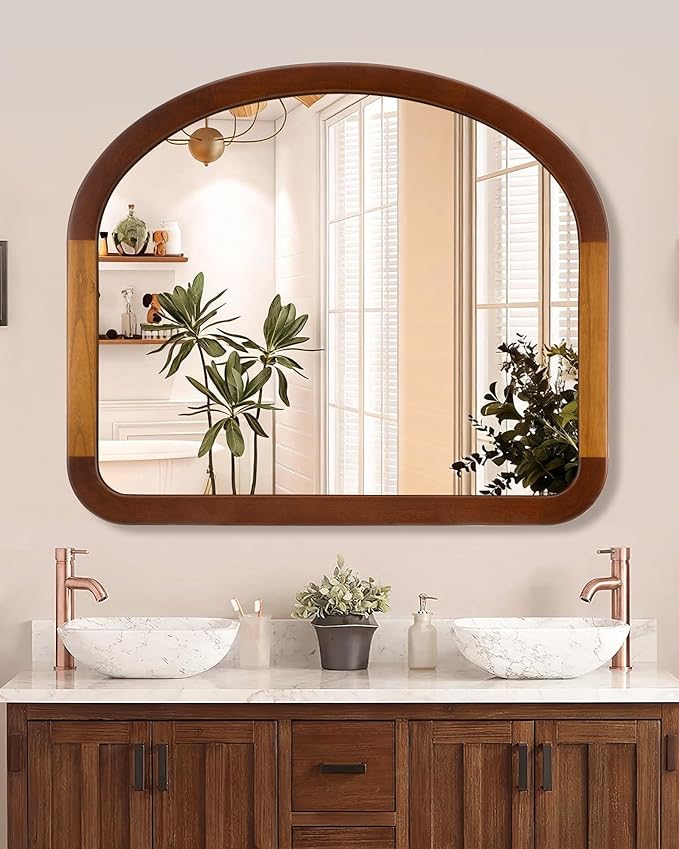 Arched Mirror 34 x 29 Inch,Brown Wood Rustic Bathroom Tempered Wall Mirror with Wood Frame,Round Corner Arch Farmhouse Wooden Vanity Mirror for Living Room,Entryway or Bedroom（Walnut Brown）